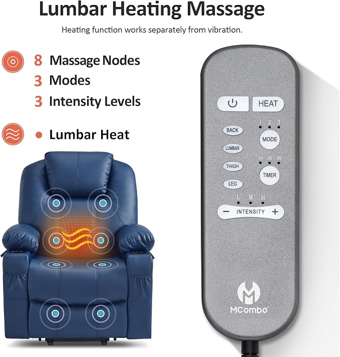 MCombo Power Lift Recliner Chair for Elderly 7516(Blue, Large) | Heat and Massage, USB& Type C Charging Port, FSC Certified