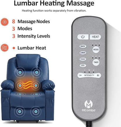 MCombo Power Lift Recliner Chair for Elderly 7516(Blue, Large) | Heat and Massage, USB& Type C Charging Port, FSC Certified