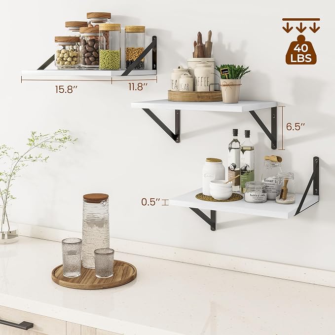 Heimlove Deep Floating Shelves for Wall, Wood Wall, Wide Floating Bookshelf for Living Room, Kitchen, Office, Bedroom and Decor Storage,White with Metal Bracket,16wx12dx5.8h,3Shelves
