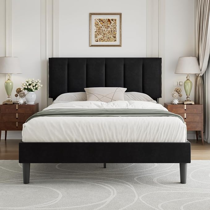VECELO Queen Bed Frame, Velvet & Black | Upholstered Headboard, Heavy-duty Platform, Strong Wooden Slats Support, No Box Spring Needed