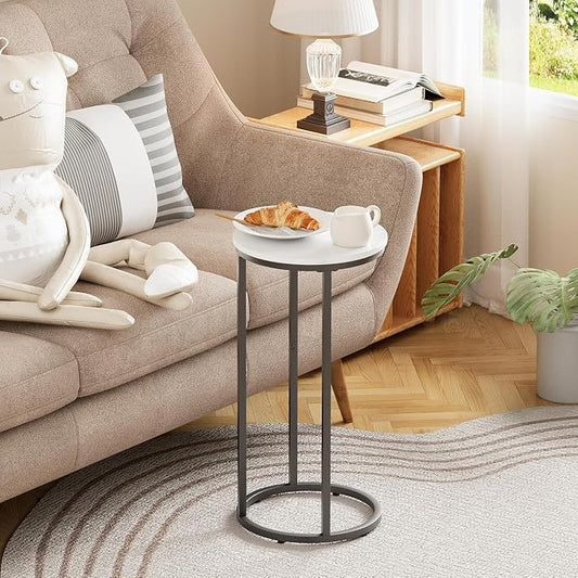 C Shaped End Table, Couch Side Tables for Living Room, Round Sofa End Table with Metal Frame, Small Wooden Snack Table for Bedroom, Small Spaces, Easy Assembly (Black,2pcs)