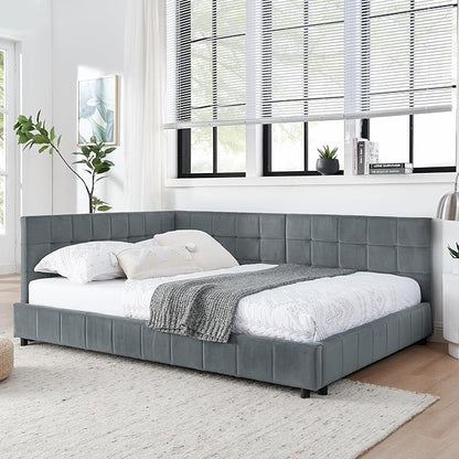 Bellemave Full Size Corner Bed Frame with Comfortable Backrest and Armrests, Velvet Tufted Corner Bed Frame Full Size, Upholstered Daybed for Bedroom, Living Room, Guest Room, Gary