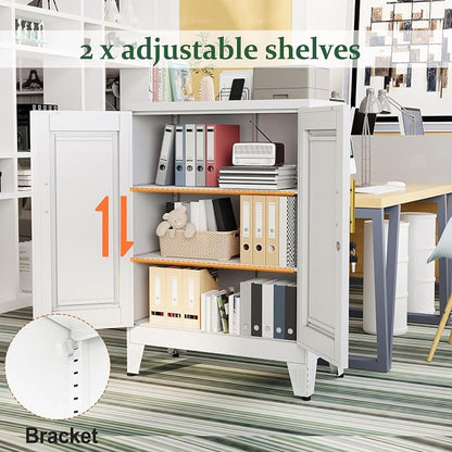 White Metal Storage Cabinet, 36" Tall Locking Storage Cabinet, 12”D | with 2 Adjustable Shelves, Steel Locker Organizer, Metal Freestanding Buffet Cupboards Sideboard for Office, Home, School,2PS