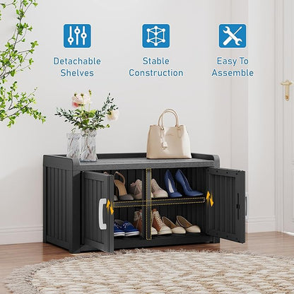 2-Tier Storage Bench, Waterproof UV-Resistant Outdoor Shoe Storage Cabinet with 2 Doors & Adjustable Shelves for Indoor Outdoor Entryway, Hallway, Living Room (Midnight Black)