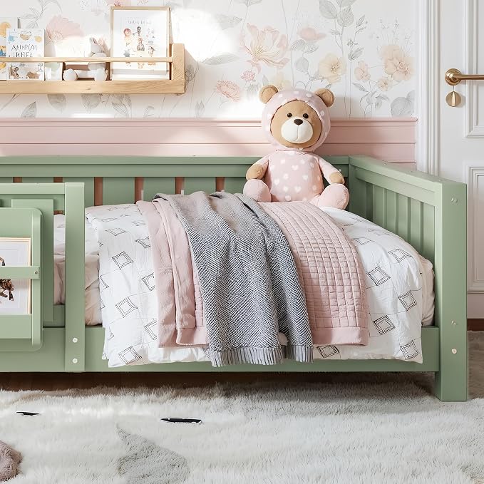 Bellemave Twin Floor Bed with Rails and Slats, Twin Size Montessori Floor Bed with Bookshelf and Fence, Easy Assemble Montessori Beds Frame for Girls, Boys, Avocado Green
