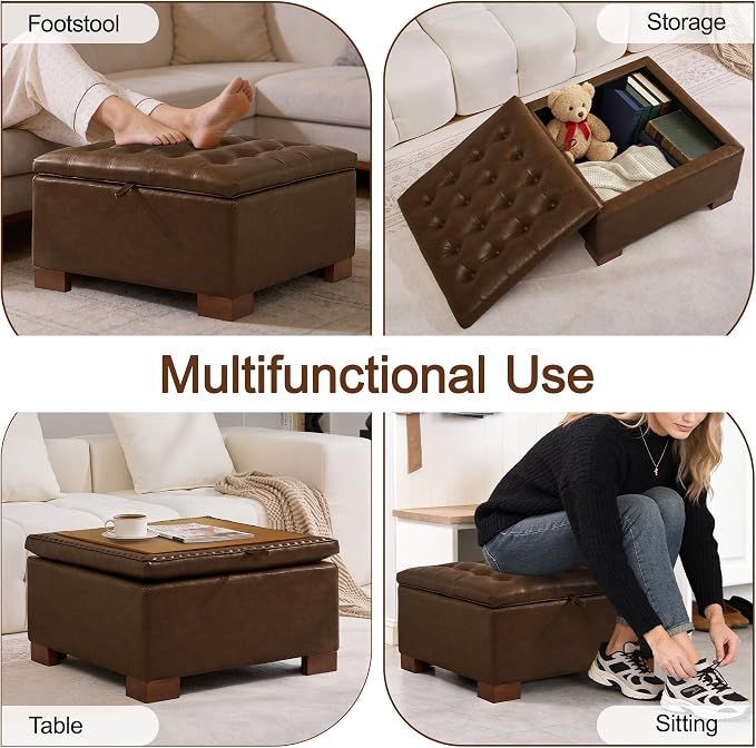 WUTUTUEE 30" Faux Leather Square Storage Ottoman with Wooden Tray, Modern Tufted Button Footstool Coffee Table, Upholstered Large Ottoman for Living Room, Bedroom, Coffee