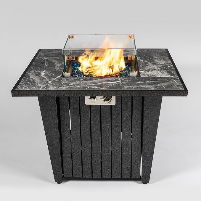 32" Propane Gas Fire Pit Table, 50,000 BTU Square Outdoor Fire Pit with Ceramic Tile Top & Glass Wind Guard, Steel Patio Fire Table with Lid, Blue Glass Beads & Rain Cover, Gray