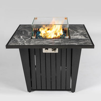 32" Propane Gas Fire Pit Table, 50,000 BTU Square Outdoor Fire Pit with Ceramic Tile Top & Glass Wind Guard, Steel Patio Fire Table with Lid, Blue Glass Beads & Rain Cover, Gray