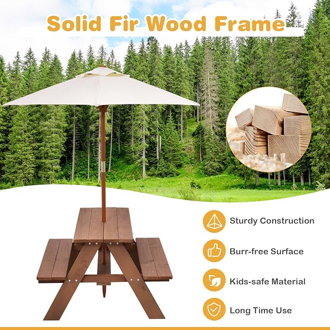 Costzon Kids Picnic Table, Fir Wood Kids Outdoor Table and Chairs with Removable Umbrella, Toddler Picnic Table for Patio, Backyard, Garden (Natural)
