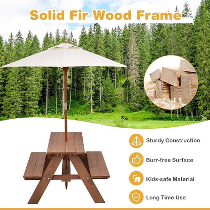 Costzon Kids Picnic Table, Fir Wood Kids Outdoor Table and Chairs with Removable Umbrella, Toddler Picnic Table for Patio, Backyard, Garden (Natural)