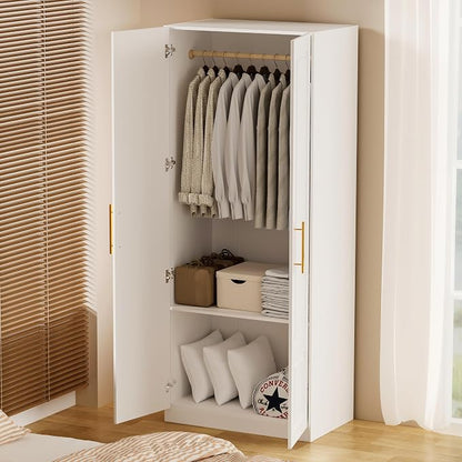 Double Door White Armoire with Hanging Rod – 71" H x 31" W x 19" D, Modern Freestanding Wardrobe Closet for Bedroom, Sturdy Metal Handles