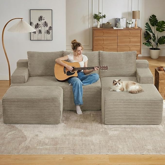 96" Cloud Sectional Couch U-Shaped Chaise with Ottoman, Corduroy Boneless Couch for Living Room Bedroom, Deep-Seat Upholstered Modular Cloud Sofa, No Assembly Required (Camel, Right Facing Chaise)