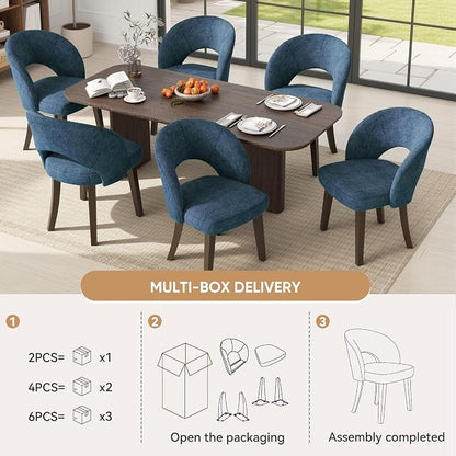Dining Chairs Set of 6, Mid Century Modern Dining Chairs with Solid Wood Legs, Curved Back Kitchen Chair Farmhouse Side Upholstered Chairs for Kitchen Dining Room, Blue