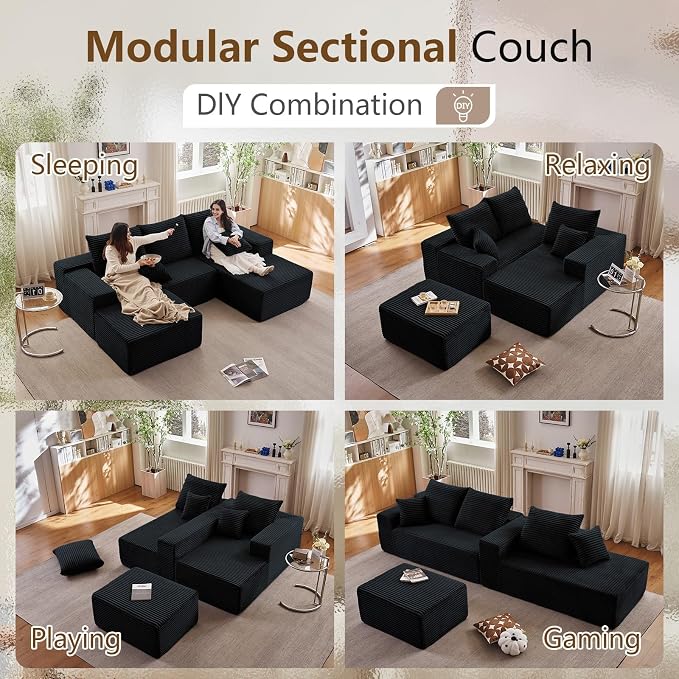 107" Comfy U-Shaped Sectional Modern Boneless Corduroy Couch with Chaise - No Assembly Required! Deep-Seat, Upholstered Modular Cloud Sofa for Living Room, Plush Corduroy Fabric(Black)