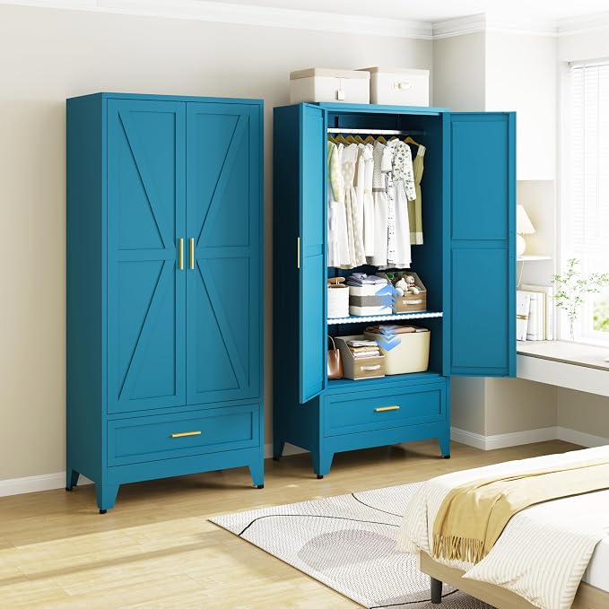 71" H Armoire Wardrobe Closet with 1 Drawer, Metal Wardrobe Closet with Doors and Adjustable Shelves, Wardrobe Cabinet with Hanging Rod, Closets for Bedroom, Laundry Room, Blue