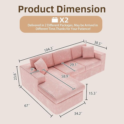 Shintenchi Boneless Couches for Living Room,Modular Sectional Sofa with Deep Seat,Memory Foam Cloud Couch with L Shaped Oversized Chaise,No Assembly Needed Plush Corduroy Sofa,Pink
