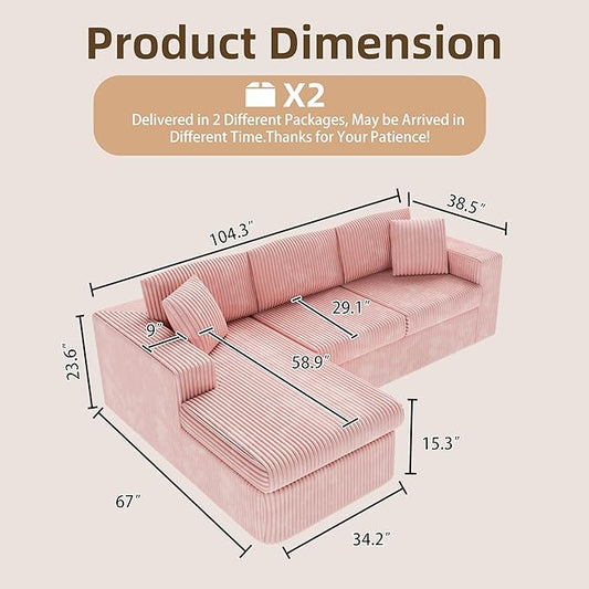 Shintenchi Boneless Couches for Living Room,Modular Sectional Sofa with Deep Seat,Memory Foam Cloud Couch with L Shaped Oversized Chaise,No Assembly Needed Plush Corduroy Sofa,Pink