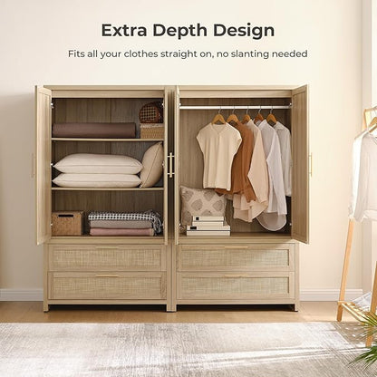 SICOTAS Larger Armoire Wardrobe Closet, 71" Tall Rattan Freestanding Wardrobe Closet Cabinet with Storage and 2 Drawers, Boho Armoire Clothes Organizer with Hanging Rod for Bedroom, Light Oak (2 PCS)