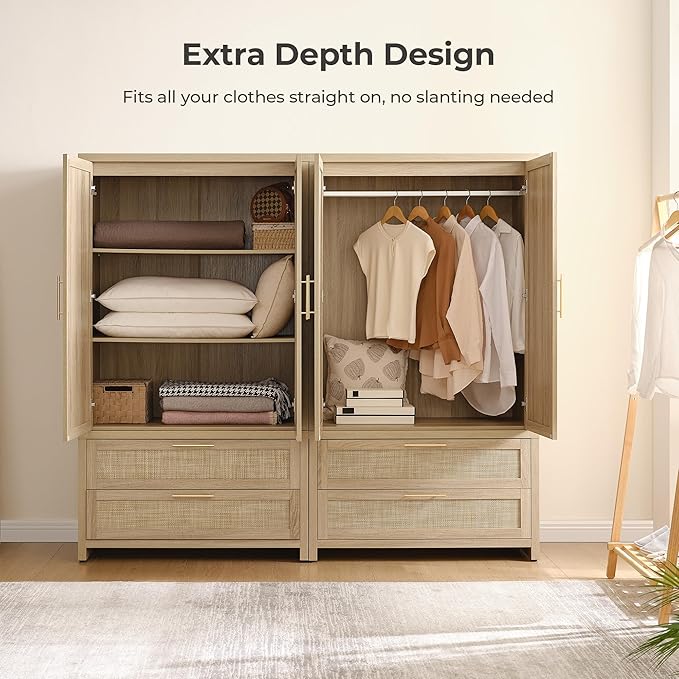 SICOTAS Armoire Wardrobe Closet, Larger Rattan Wardrobe Storage Cabinet with 2 Drawers & Hanging Rod, Boho Large-Capacity Deep Clothes Organizer for Cloakroom, Bedroom, Light Oak (3 PCS)