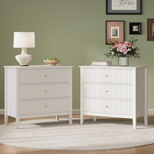 RoyalCraft 32" Large Nightstand Set of 2, Fluted Painted Bedside Table with 3 Spacious Drawers, Modern Tall End Table for Bedroom, White