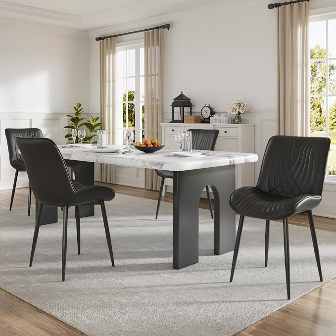 VECELO Dining Chairs Set of 4, Modern Upholstered Faux Leather Cushion Seat and Metal Legs for Kitchen, Living Room, Black