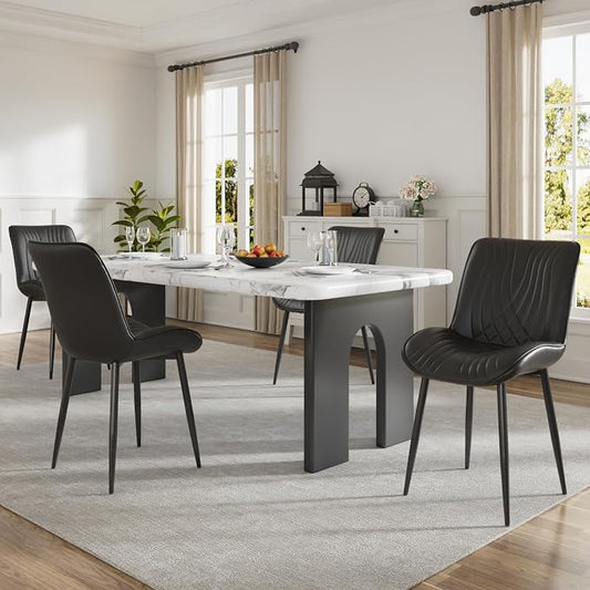 VECELO Dining Chairs Set of 4, Modern Upholstered Faux Leather Cushion Seat and Metal Legs for Kitchen, Living Room, Black