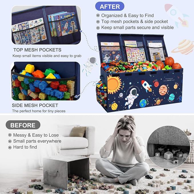 Unicorn Castle Toy Box with Adjustable Divider Toy Chest Storage Large Toy Storage Organizer Bin Collapsible with Lid Pockets for Nursery Playroom,Blue Astronaut