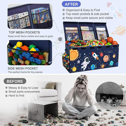 Unicorn Castle Toy Box with Adjustable Divider Toy Chest Storage Large Toy Storage Organizer Bin Collapsible with Lid Pockets for Nursery Playroom,Blue Astronaut