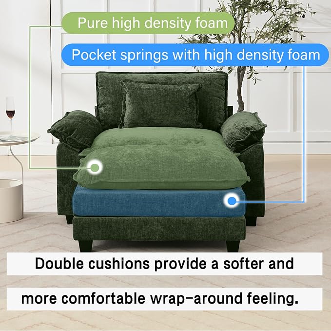 Oprisen 53" Modular Sectional Sofa, Comfy Cloud Couch Sectional Sofa with Ottoman, Chenille Sofa Sleeper Deep Seat Sofa with Throw Pillows for Living Room (Green)