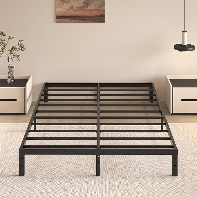 HOBINCHE 10 Inch Queen Bed Frame, Queen Size Bed Frame No Box Spring Needed | Heavy Duty Metal Platform Mattress Foundation with Steel Slats, Non-slip Noise Free Easy Assembly Black