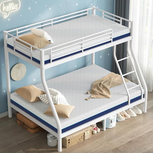 SDHYL Bunk Bed with Mattresses Twin Over Full Size,Heavy Duty Metal Bunk Beds for Adult,with Guardrail & Ladder,Perfect for Dorm Rooms,White