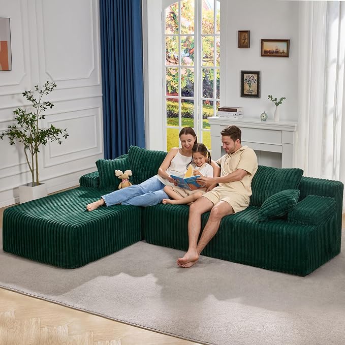 Hobestluk Boneless Couch Modular Sectional Sofa L-Shape Oversized Chaise | 108" Left Facing Chaise Green,Memory Foam,Removable Cover,Non-slip Bottom,No Assemble Required,Living Room Furniture