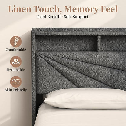 Queen Bed Frame with Storage Headboard, Upholstered Queen Size Bed Frame with LED Lights, USB Charging Station & 2 Storage Drawers, No Box Spring Needed, Dark Grey