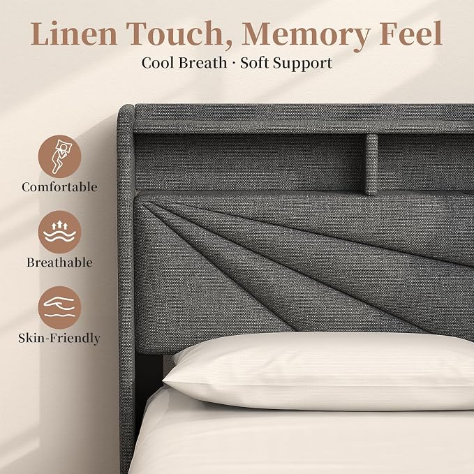 Full Size Bed Frame with Storage Headboard, Upholstered Full Bed Frame with LED Lights, USB Charging Station & 2 Storage Drawers, No Box Spring Needed, Dark Grey