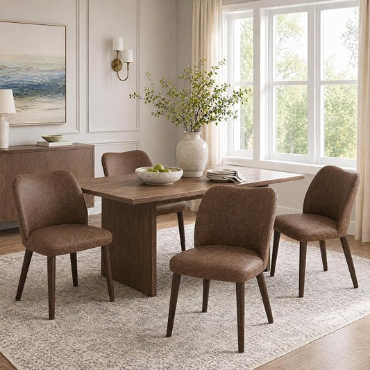 COLAMY Dining Chairs Set of 4, Upholstered Leather Kitchen Chairs with Curved Back, Padded Seat and Solid Wood Legs, Modern Dining Chair for Kitchen Dining Room, Dark Brown