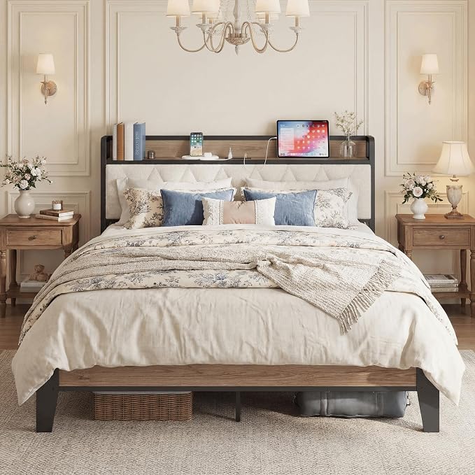 ANCTOR Queen Bed Frame with Storage Headboard & Charging Station, Metal Platform Queen Bed, Upholstered Tufted Headboard, Heavy Duty Slat Support, Noise Free, No Box Spring Needed, Wood and Cream