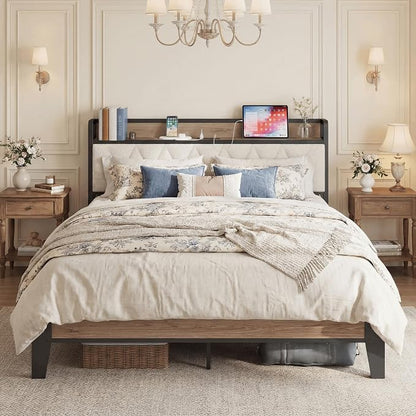 ANCTOR Queen Bed Frame with Storage Headboard & Charging Station, Metal Platform Queen Bed, Upholstered Tufted Headboard, Heavy Duty Slat Support, Noise Free, No Box Spring Needed, Wood and Cream