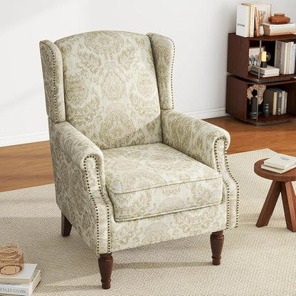 High Back Accent Chair, Fabric Upholstered Armchair for Living Room, Floral Wingback Chair with Retro Solid Wood Legs, Nailhead Trim Single Sofa Bedroom Reading Seat - White