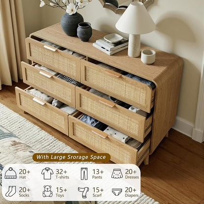 FORTUNETEC 47" Rattan 6 Drawer Dresser, Modern Farmhouse & Boho Wooden Chest of Drawers with Oak Wood Grain, Multifunctional Storage Bedroom Set for Bedroom, Living Room, Entryway & TV Stand