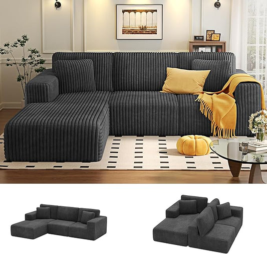 KINGYES 107'' Modular Sectional Sofa, L Shaped Cloud Couch for Living Room, Modern Plush Corduroy Boneless Sofa with Chaise for Bedroom, Gray