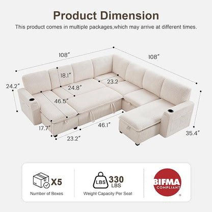 Oversized Sectional Sleeper Sofa with Pull Out Bed, Plush Corduroy 9 Seat Modular Sofa with Storage Chaise and Adjustable Backrest, Cloud Couches for Living Room, Apartment, Beige