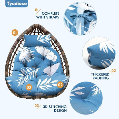 Outdoor Hanging Egg Chair Cushion Replacement, Extra Large Waterproof Egg Swing Cushions with Headrest Pillow and Ties, U-Shaped Thickened Cushion for Hanging Eggs Chair (Blue Leaf)