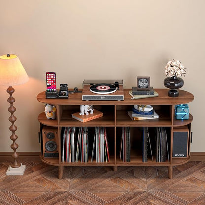 LUVIOHOME Large Round Record Player Stand with Charging Station & USB Ports，Record Storage Cabinet, Mid Century Modern Turntable Stand for Bedroom Living Room (Walnut)