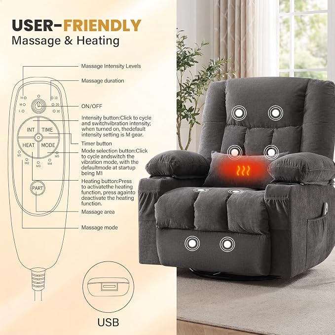 Swivel Recliner Chair for Adults with Vibration Massage and Lumbar Heat , Oversized Ergonomic Rocking Chair for Living Room and Bedroom, Featuring Side Pocket, 2 Cup Holders & USB Charge Port
