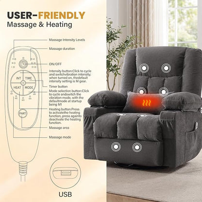 Swivel Recliner Chair for Adults with Vibration Massage and Lumbar Heat , Oversized Ergonomic Rocking Chair for Living Room and Bedroom, Featuring Side Pocket, 2 Cup Holders & USB Charge Port