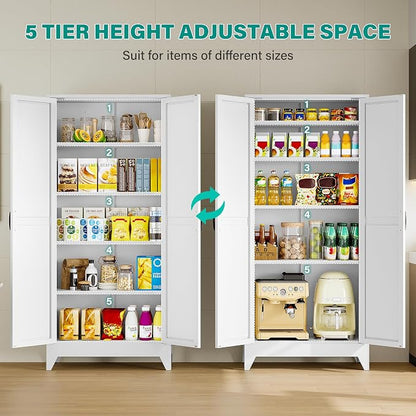 SISESOL 75" Tall Pantry Cabinet,Farmhouse Kitchen Pantry Storage Cabinets with 2 Doors and 5 Shelves,White Metal Storage Cabinet,Large Cupboard for Home,Kitchen,Dining/Living Room
