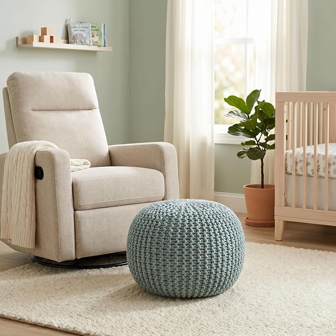 BIRDROCK HOME Round Pouf Ottoman Foot Rest - 18.5”x18.5”x15” Boho Compact Comfortable Soft Cotton Braided Foot Stool with Bean Bag Filling for Living Room, Bedroom, or Nursery (Sage Green)