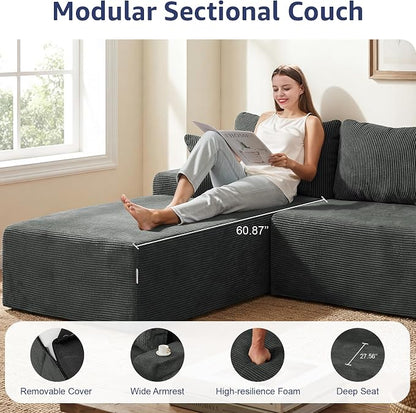 Hobestluk Modular Sectional Sofa Couches L-Shape Couch 3 Seat Modular Sofa Memory Foam Sectional Couches for Living Room, Cloud Couch with Oversized Chaise (Grey Corduroy, 108", Left Hand Facing)