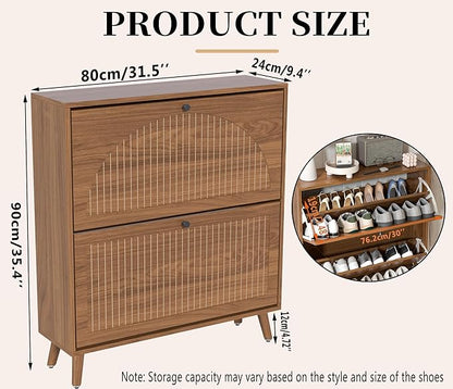 Fsbecl Shoe Storage Cabinet for Entryway with 2 Flip Drawers, Narrow Wood Shoe Cabinet with Fluted Panel, Freestanding Hidden Shoe Organizer for Foyer, Hallway (Walnut)