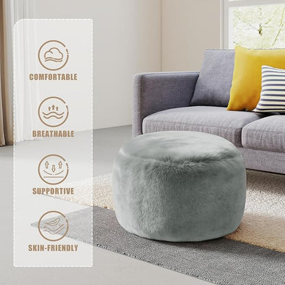 Round Stuffed Pouf Ottoman Foot Rest, Faux Fur Poufs with Memory Foam Filling, Ottomans for Living Room, Nursery, Dorm, Soft Foot Stool Ottoman for Couch, Perfect for Resting Your Feet (Grey, 20 Inch)
